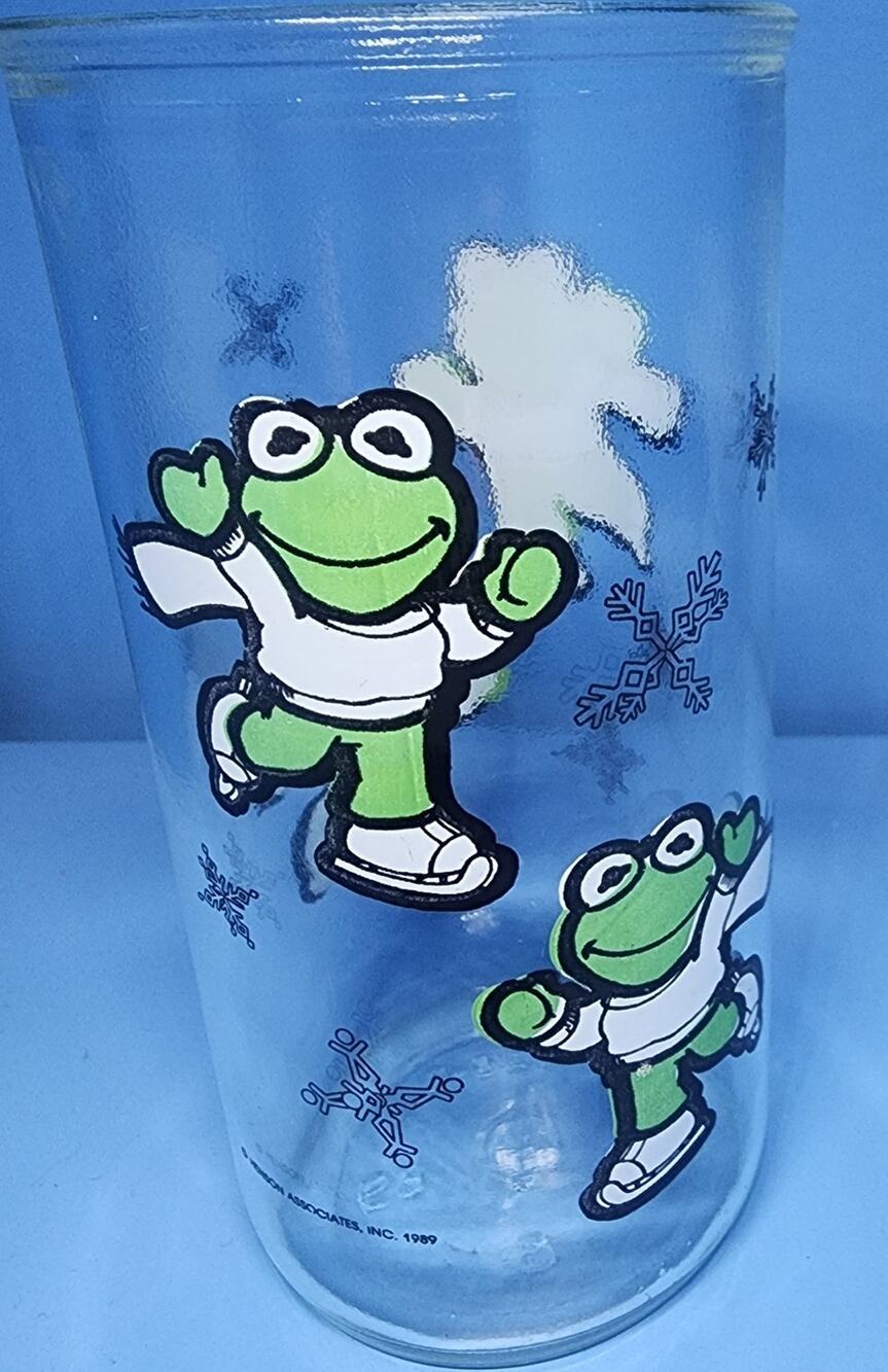 Muppets Jelly Jar Baby KERMIT Collectors Glass Ice Skating Frog 1989 Henson